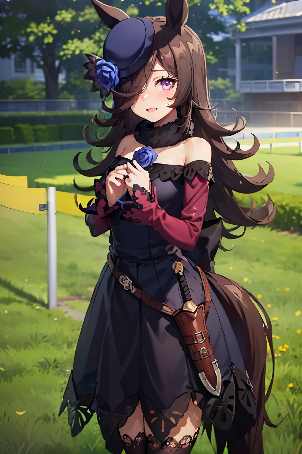 RiceShower brown hair, long colorful hair, swept bangs, long bangs, purple eyes, hair covers right eye, cute face, very blushing, cute horse girl, small breasts, horse ears, horse tail, beautiful detailed body, (((wearing black layered lace dress:1.6))), ((ear ornament, necklace, ribbon in tail)), fair glossy skin, realistic skin texture, very detailed skin, beautiful legs, on a race track in a hippodrome, grass, outdoors, (ultra detailed:1.3), arranging her hair, anime style, (masterpiece best quality:1.2), 8K, HD Wallpaper, stunning illustration, intricate details, very detailed CG, ultra highres, beautiful and aesthic, ((hyper detailed))