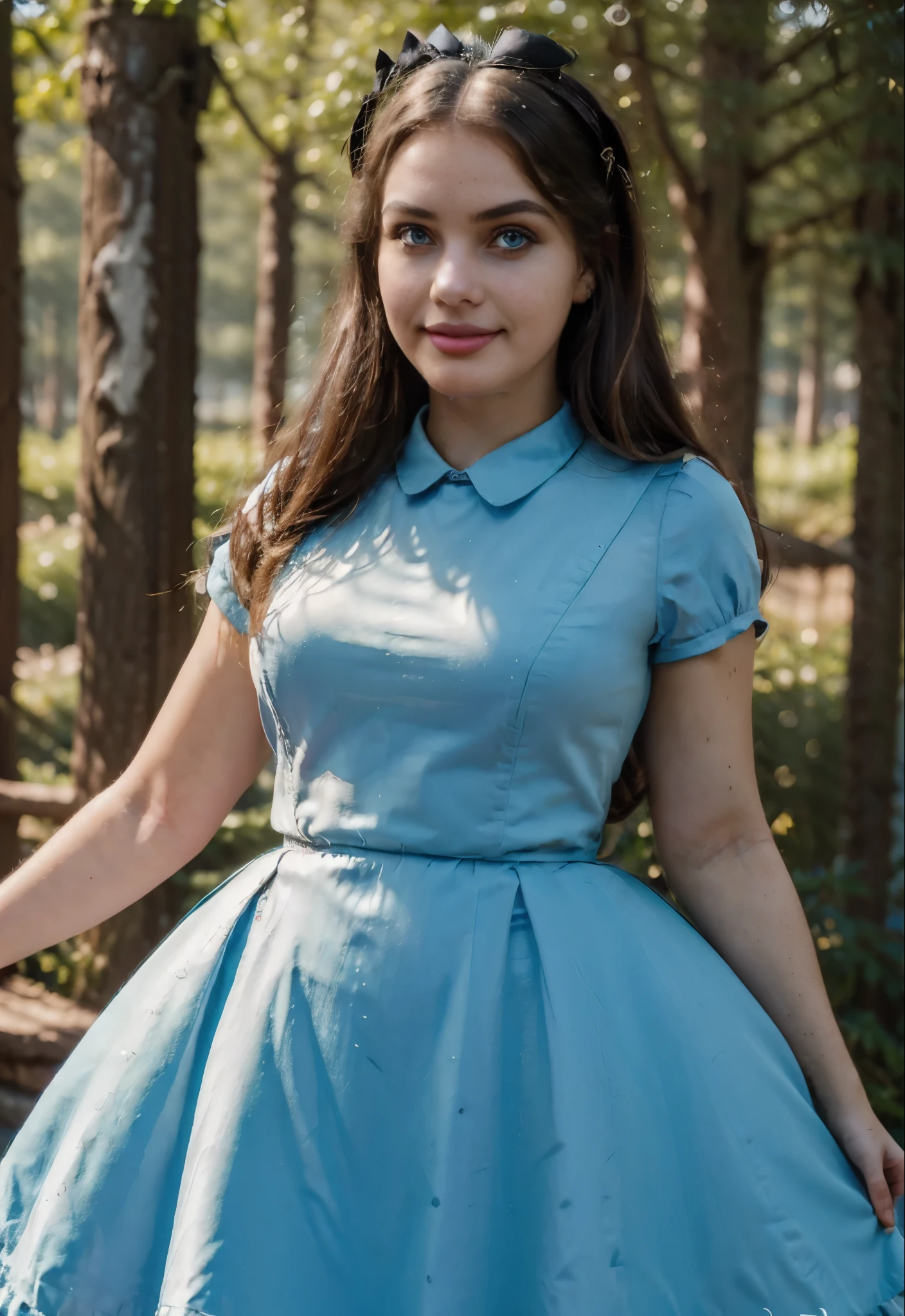 AliceWonderlandWaifu, woman, absurdres,, leaning foward, from above, detailed light,((cinematic lighting)),very detailed eyes, best quality, beautiful face, ultra detailed, highres, (light rays),best quality,((shortstack:1.6)), very long hair, 1girl, (small breasts:1.1), beautiful, (average body weight:1.4), ( curvy:1.6), (wide hips:1.3), , solo, ((shortstack:1.7)),(skindentation:1.5),(fliying hair:1.4), , (blush:1.2), looking at viewer, thigh gap, shiny skin, long brown hair, cute smile, action shot, slow motion, motion blur, face focus, (dynamic angle:1.2), (dynamic pose:1.2), frilly dress, mushroom forest, blue dress with white apron, wonderland, black headpiece with bow, blue eyes, mushroom forest, light blue Victorian-style dress,short puffed sleeves and a white pinafore apron layered over the skirt, skirt flare, black ribbon tied into a bow, soft, lightweight fabric, (8k, RAW photo, best quality, masterpiece:1.2), photon mapping, radiosity, 35 mm focal length ,particles, accent lighting, ambient oclusion, film grain, depth of field, ravishing, ,beautiful lighting , high detailed, 8k, vivid contrasting colors, chromatic aberration, ,vibrant digital illustration, , behance hd, best quality, (realistic:1.2), (high contrast:1.2), shallow depth of field, bloom, (RSEEmma:1.2), Volumetric Lighting, accent lighting, extremely detailed CG 8k illustrations, masterpiece, hyper detailed, best quality, ultra high res, high resolution, (intricate details),RSEEmma,