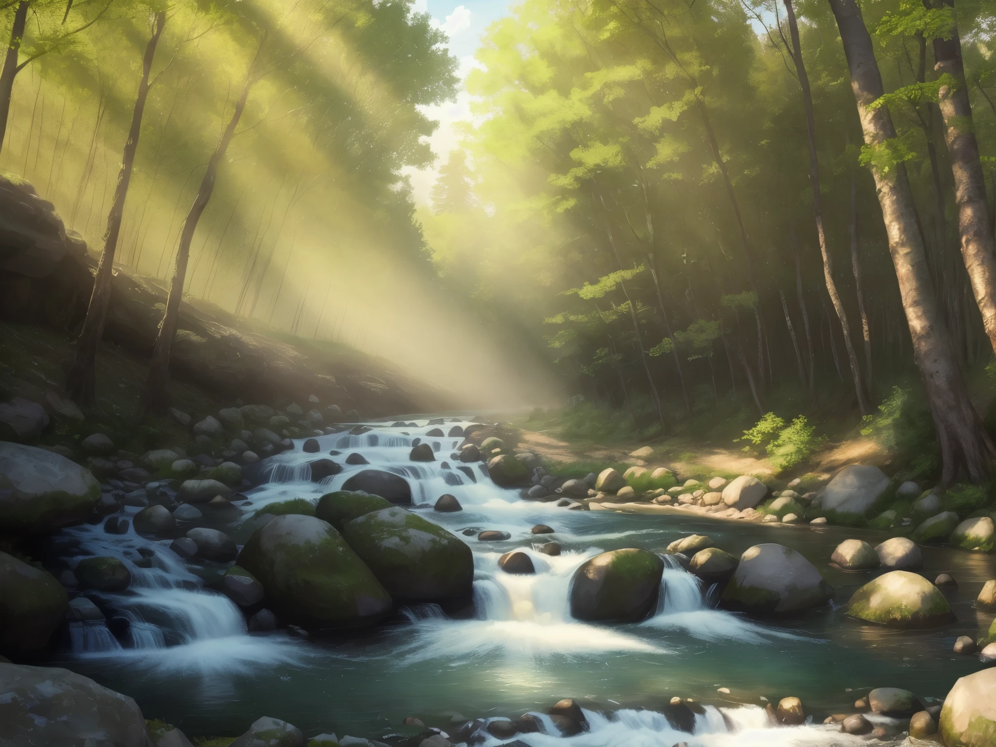 Forest river sunny day, realistic