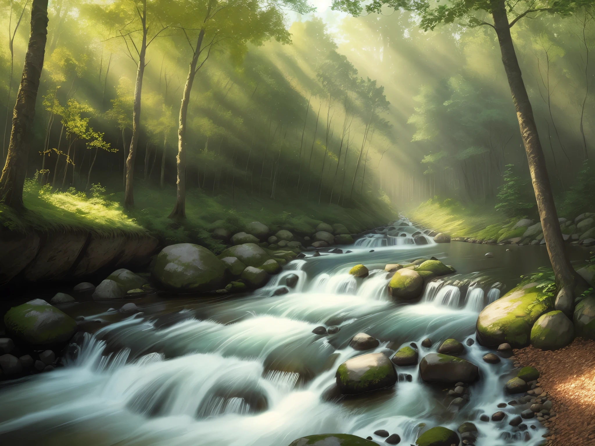 Forest river sunny day, realistic
