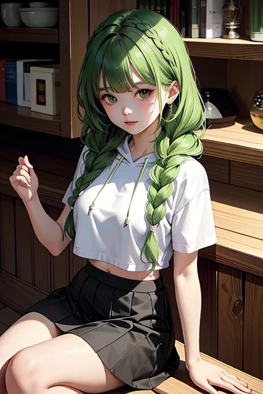 (masterpiece,highest quality),crop top look,Short sleeve hoodie, (Black skirt with gingham check),green haired, 2 long thick braids, bangs.