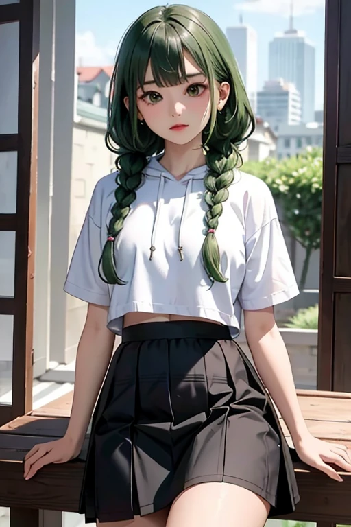 （masterpiece，highest quality），crop top look，Short sleeve hoodie， (Black skirt with gingham check)，green haired, 2 long thick braids, bangs.