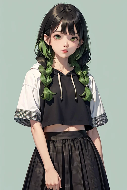 （masterpiece，highest quality），crop top look，Short sleeve hoodie， (Black skirt with gingham check)，green haired, 2 long thick braids, bangs.