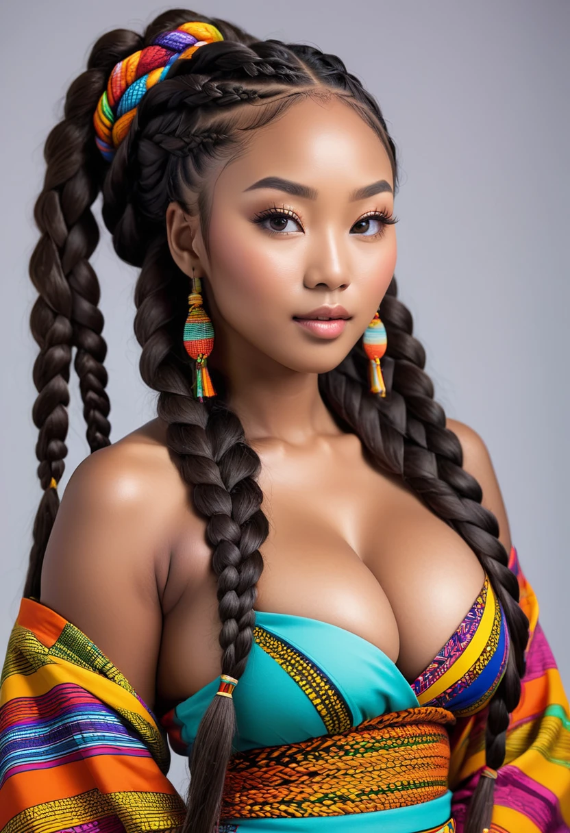 Beautiful lady who is Half African and half Japanese. Dark skin. Asian facial features. thick long hair in African braids. Wearing colorful Sami outfit. ultra-thin-waist, ultra-wide-hips, large breasts.
