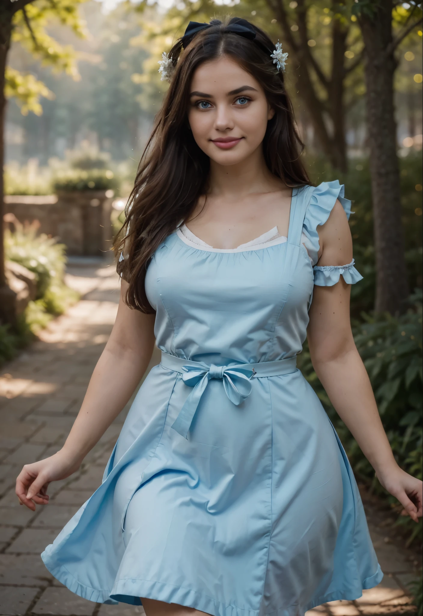 AliceWonderlandWaifu, woman, absurdres,, leaning foward, from above, detailed light,((cinematic lighting)),very detailed eyes, best quality, beautiful face, ultra detailed, highres, (light rays),best quality,((shortstack:1.6)), very long hair, 1girl, (small breasts:1.1), beautiful, (average body weight:1.4), ( curvy:1.6), (wide hips:1.3), , solo, ((shortstack:1.7)),(skindentation:1.5),(fliying hair:1.4), , (blush:1.2), looking at viewer, thigh gap, shiny skin, long brown hair, cute smile, action shot, slow motion, motion blur, face focus, (dynamic angle:1.2), (dynamic pose:1.2), frilly dress, mushroom forest, blue dress with white apron, wonderland, black headpiece with bow, blue eyes, mushroom forest, light blue Victorian-style dress,short puffed sleeves and a white pinafore apron layered over the skirt, skirt flare, black ribbon tied into a bow, soft, lightweight fabric, (8k, RAW photo, best quality, masterpiece:1.2), photon mapping, radiosity, 35 mm focal length ,particles, accent lighting, ambient oclusion, film grain, depth of field, ravishing, ,beautiful lighting , high detailed, 8k, vivid contrasting colors, chromatic aberration, ,vibrant digital illustration, , behance hd, best quality, (realistic:1.2), (high contrast:1.2), shallow depth of field, bloom, (RSEEmma:1.2), Volumetric Lighting, accent lighting, extremely detailed CG 8k illustrations, masterpiece, hyper detailed, best quality, ultra high res, high resolution, (intricate details),RSEEmma,