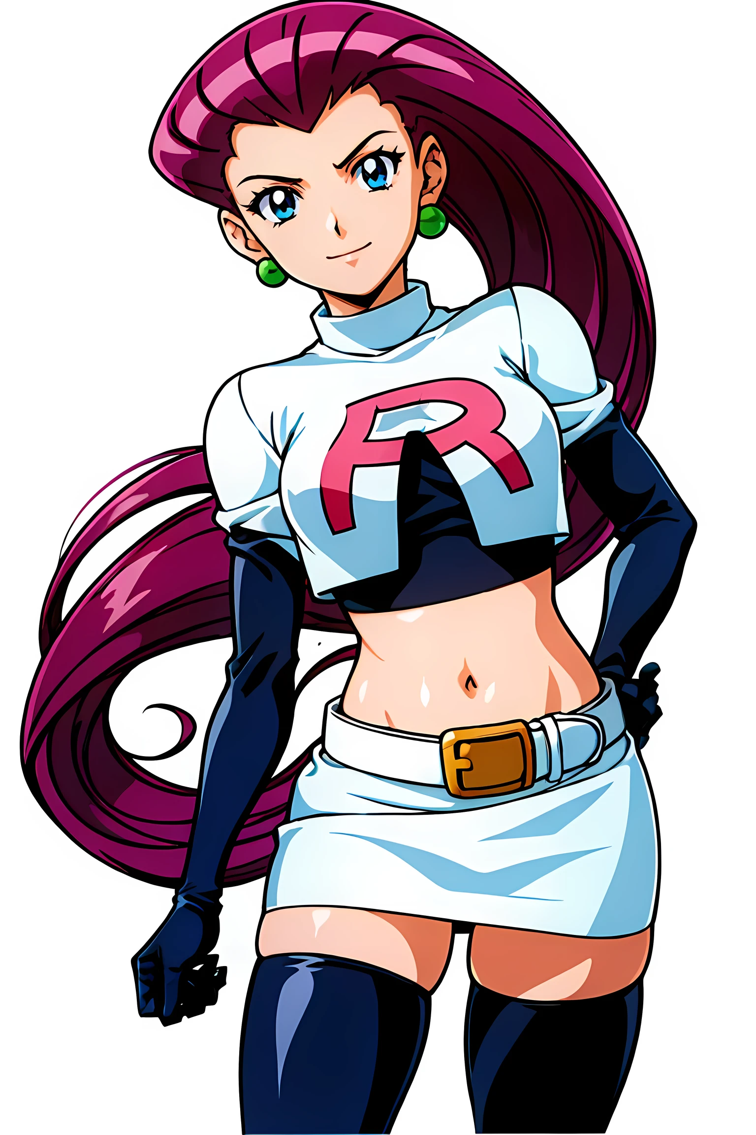 (highest quality:1.3),(ultra-become familiar with:1.5),High resolution,extremely become familiar with CG,unity 8k wallpaper,official art,become familiar with,super become familiar with skin,perfect ???????,beautiful become familiar with eyes,(anime screenshot:1.11),very delicate and beautiful,(90s anime,90s anime style,cel shaded anime:1.17),1 girl,anmnr, 
((jessie pokemon:1.52)),Team Rocket, gloves, slicked back hair, long hair, jewelry, skirt, belly button, Thighhighs, earrings, elbow gloves, Team Rocket uniform, crop top, blue eyes, abdomen, white background, belt, black gloves, very long hair, simple background, smile, black Thighhighs, purple hair, looking at the viewer, chest, white skirt, miniskirt,