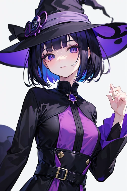 Witch's outfit, Anime-style portrait of a girl with a deep violet bob cut making eye contact with the camera, bright eyes, baby-faced, subtle smile, minimalistic background to emphasize character, high contrast, clean lines, digital painting, vivid colors