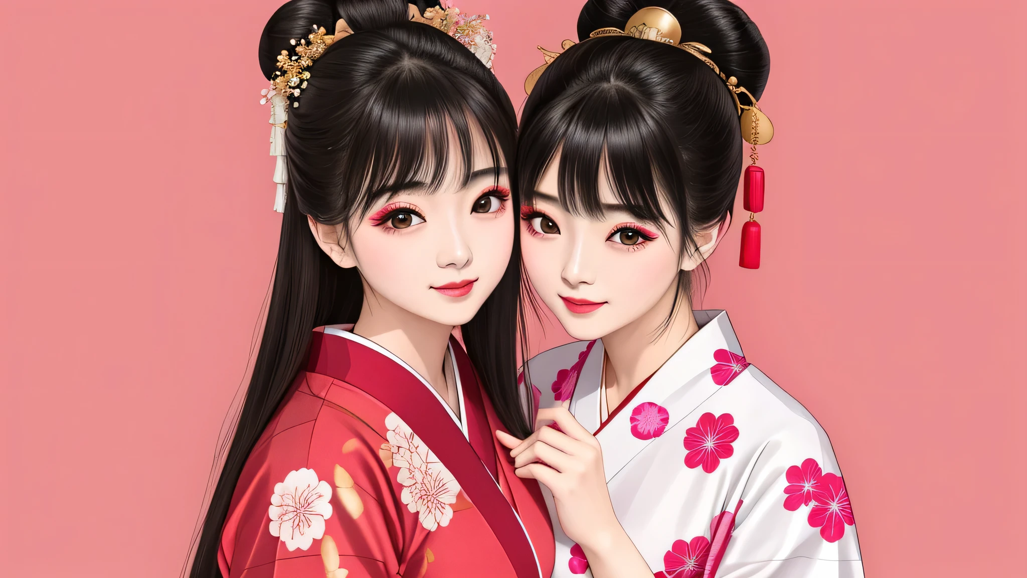 Each has a different expression2People and sisters、(2 girls)、⦅Dancing traditional performing arts gracefully)、((big breasts、small face、not exposed))、highest quality、masterpiece、(black hair、Bun Hair)、brown eyes、⦅wide angle、Angle from above, from the waist up、Pause on the magazine cover、Each person has a different perspective when looking into the distance⦆、(8K high quality、masterpiece、High resolution、Realistic and beautiful light and shadow、(highest quality)、(high resolution)、(very delicate and beautiful)、(beautiful 8k face)、(Close your eyes while smiling、Beautiful eyes)、(Transparent skin)、(soft hair)、(8head and body)、(Japanese-style yukata kimono with red, pink, and orange floral patterns on a white background, mixed with gold powder、Five beautiful Japanese girls wearing yukata)、((tanabata decoration background))、((small face))、(arms up)、thin and small nose、(red lipstick)、(make cheeks red)、(Glossy skin)、((Ink painting style))、extremely thin eyebrows、Overall super high quality、(She wears maiko-style makeup)、Whitening、long and beautiful eyelashes、Glossy skin、(red cheeks),straight nose、masterpiece、highest quality、whole body、 eyebrows visible through hair、Bun Hair、grin、gal、Kogal、Viewer's perspective、Plaid、Fashionable、woman、fine、Pause、
Waiting to start