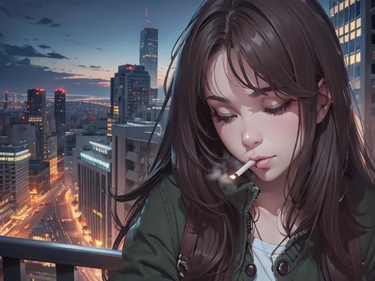 a girl smoking a cigarette, smoking, smoker, city in the back ground
