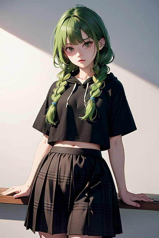 （masterpiece，highest quality），crop top look，Short sleeve hoodie， (Black skirt with gingham check)，green haired, 2 long thick braids, bangs.