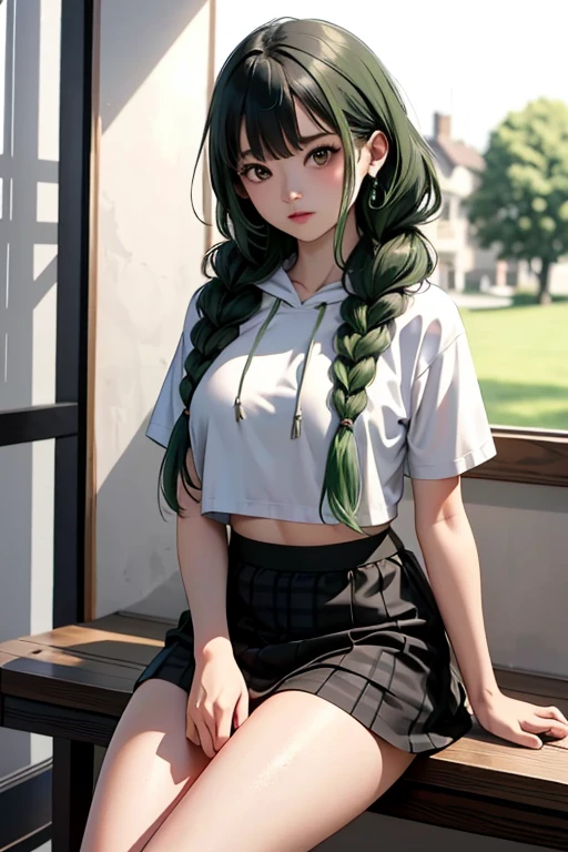 （masterpiece，highest quality），crop top look，Short sleeve hoodie， (Black skirt with gingham check)，green haired, 2 long thick braids, bangs.