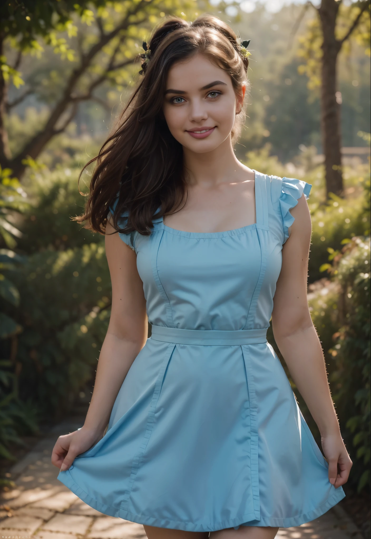 AliceWonderlandWaifu, woman, absurdres,, leaning foward, from above, detailed light,((cinematic lighting)),very detailed eyes, best quality, beautiful face, ultra detailed, highres, (light rays),best quality,((shortstack:1.6)), very long hair, 1girl, (small breasts:1.1), beautiful, (average body weight:1.4), ( curvy:1.6), (wide hips:1.3), , solo, ((shortstack:1.7)),(skindentation:1.5),(fliying hair:1.4), , (blush:1.2), looking at viewer, thigh gap, shiny skin, long brown hair, cute smile, action shot, slow motion, motion blur, face focus, (dynamic angle:1.2), (dynamic pose:1.2), frilly dress, mushroom forest, blue dress with white apron, wonderland, black headpiece with bow, blue eyes, mushroom forest, light blue Victorian-style dress,short puffed sleeves and a white pinafore apron layered over the skirt, skirt flare, black ribbon tied into a bow, soft, lightweight fabric, (8k, RAW photo, best quality, masterpiece:1.2), photon mapping, radiosity, 35 mm focal length ,particles, accent lighting, ambient oclusion, film grain, depth of field, ravishing, ,beautiful lighting , high detailed, 8k, vivid contrasting colors, chromatic aberration, ,vibrant digital illustration, , behance hd, best quality, (realistic:1.2), (high contrast:1.2), shallow depth of field, bloom, (RSEEmma:1.2), Volumetric Lighting, accent lighting, extremely detailed CG 8k illustrations, masterpiece, hyper detailed, best quality, ultra high res, high resolution, (intricate details),RSEEmma,