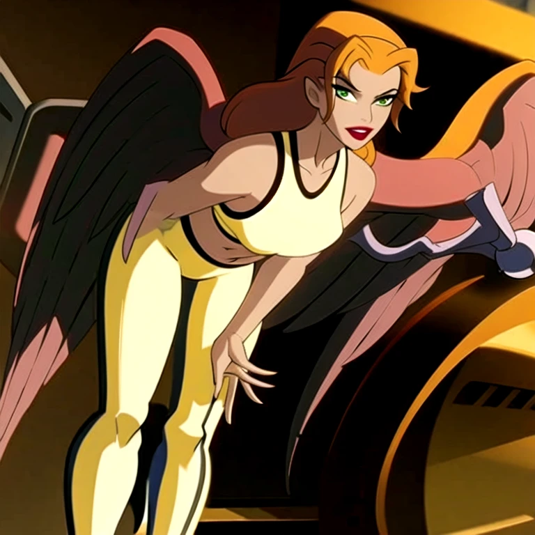 (masterpiece, best quality:1.2), (1girl:1.2), solo, Shayera, grey wings, feathered wings, long wings, standing, full body, green eyes, long hair, lipstick, smilling, orange hair, crop top, yellow, yellow legwear