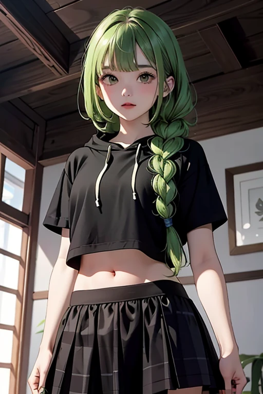 （masterpiece，highest quality），crop top look，Short sleeve hoodie， (Black skirt with gingham check)，green haired, 2 long thick braids, bangs.