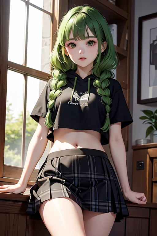 (masterpiece,highest quality),crop top look,Short sleeve hoodie, (Black skirt with gingham check),green haired, 2 long thick braids, bangs.