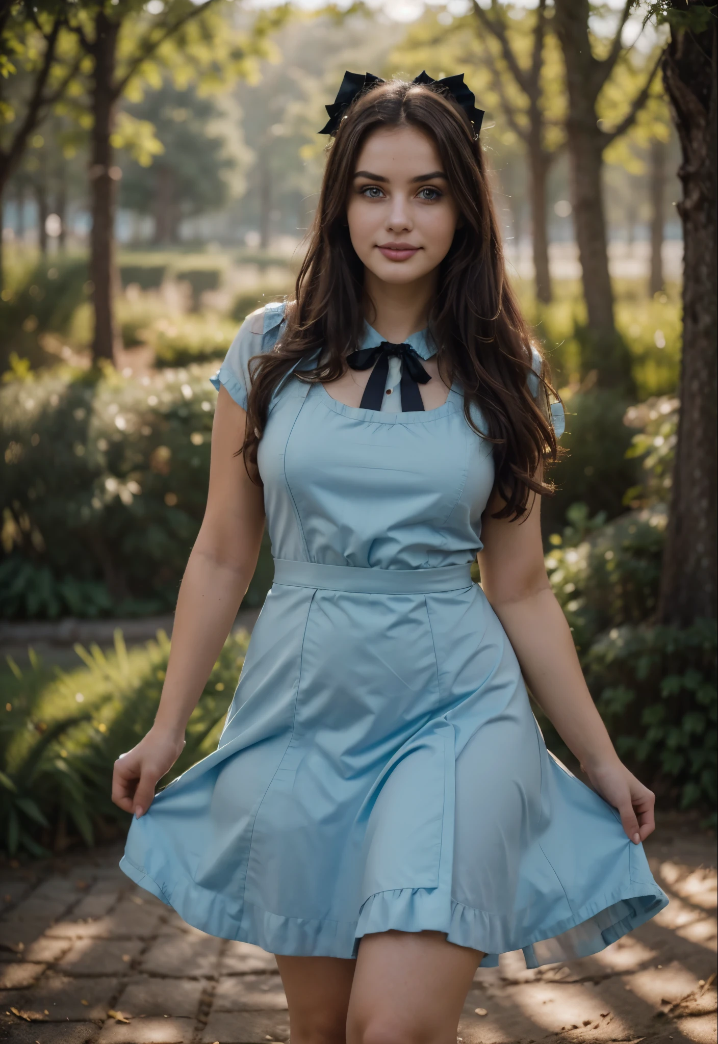 AliceWonderlandWaifu, ager, absurdres,, leaning foward, from above, detailed light,((cinematic lighting)),very detailed eyes, best quality, beautiful face, ultra detailed, highres, (light rays),best quality,((shortstack:1.6)), very long hair, 1girl, (small breasts:1.1), beautiful, (average body weight:1.4), ( curvy:1.6), (wide hips:1.3), , solo, ((shortstack:1.7)),(skindentation:1.5),(fliying hair:1.4), , (blush:1.2), looking at viewer, thigh gap, shiny skin, long brown hair, cute smile, action shot, slow motion, motion blur, face focus, (dynamic angle:1.2), (dynamic pose:1.2), frilly dress, mushroom forest, blue dress with white apron, wonderland, black headpiece with bow, blue eyes, mushroom forest, light blue Victorian-style dress,short puffed sleeves and a white pinafore apron layered over the skirt, skirt flare, black ribbon tied into a bow, soft, lightweight fabric, (8k, RAW photo, best quality, masterpiece:1.2), photon mapping, radiosity, 35 mm focal length ,particles, accent lighting, ambient oclusion, film grain, depth of field, ravishing, ,beautiful lighting , high detailed, 8k, vivid contrasting colors, chromatic aberration, ,vibrant digital illustration, , behance hd, best quality, (realistic:1.2), (high contrast:1.2), shallow depth of field, bloom, (RSEEmma:1.2), Volumetric Lighting, accent lighting, extremely detailed CG 8k illustrations, masterpiece, hyper detailed, best quality, ultra high res, high resolution, (intricate details),RSEEmma,