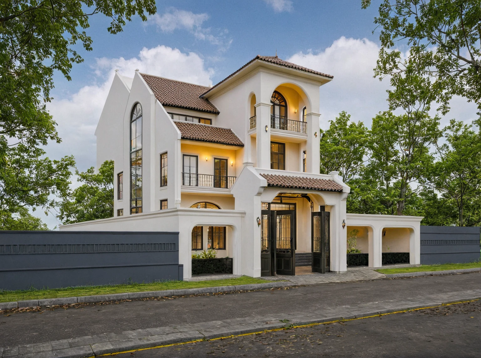 Raw photo,Masterpiece, high quality, best quality, authentic, super detail,
exterior, outdoors, house style indochine on the street ,aiaigroup
road,pavement, grass, trees, sky, cloud, (day:1.1)