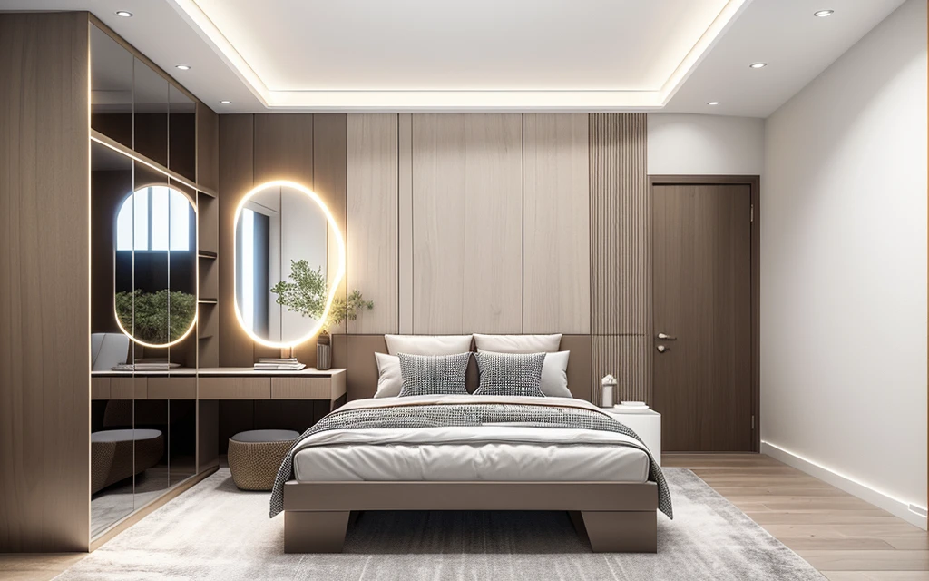 Lao Chen, Interior Design, bed room, Light Color, (grossy wooden floor), (sofft warm led light), (circle spotlight), (indoor), (woodrn door), (tone white color), {bright sunlight|midday}, {Best Quality|Masterpiece|best illustration|Photorealism archdaily|award winning design|photorealistic|extreme detail|Stunning|photographic render|High-fidelity|vray render|Eye-catching|Sharp edge render}, ((masterpiece)), ((best quality:1.4)),(ultra-high resolution:1.2),(realistic:1.4),(8k:1.2)