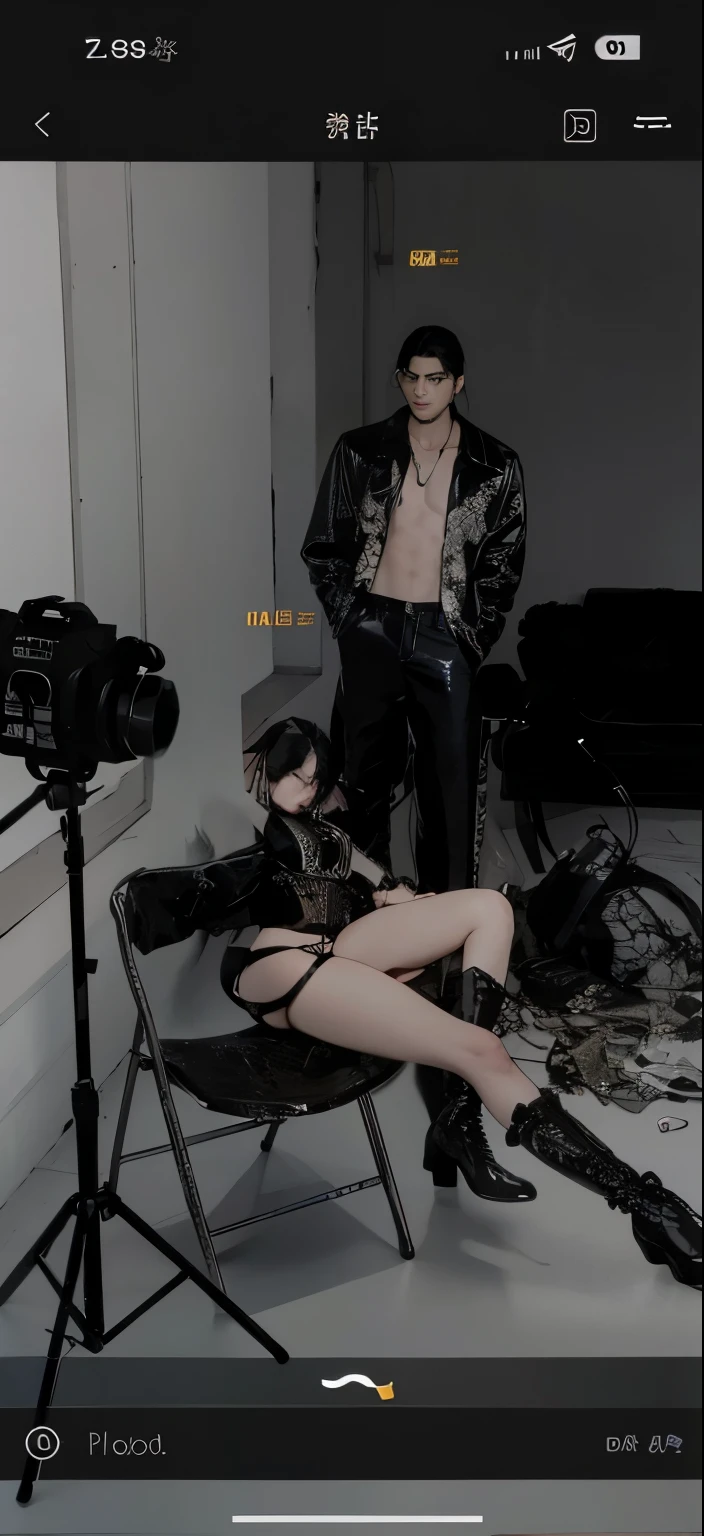 there is a woman in a black outfit posing with a man, lascivious pose, dressed in crustpunk clothing, 2 b, 2b, lacivious pose, black leather robes! intricate, dominant pose, couple pose, oldwest, tumblr, sensual gloomy style, inspired by Allan Linder, jean devil, calidad hd, imagen con la mejor calidad