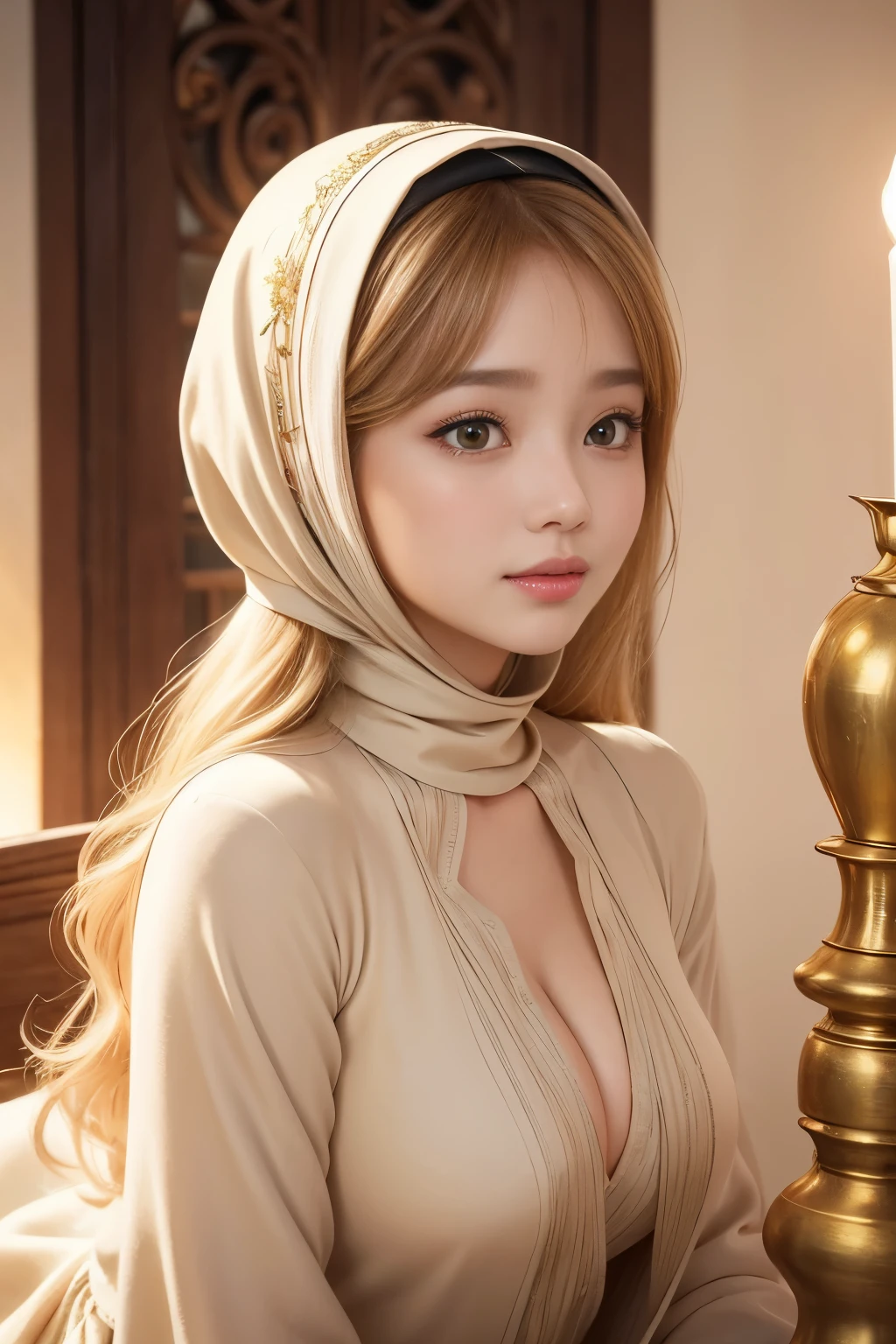 (nsfw:1.5)、,highest quality, best image quality, RAW photo, realistic, Photoreal, very detailed and beautiful, best details, 1 young girl, good looking, Beautiful fair skin and luster, beautiful eyes are big and bright, small mouth and thin lips, hijab, Good style and slender beautiful big breasts:1.3), She has a bright personality and a cute smile......, natural makeup, See-through costume with cute details and wide chest in pearl pink kuripantasea:1.5), cute, A beautiful girl illuminated by seven colored lights, rainbow colors,