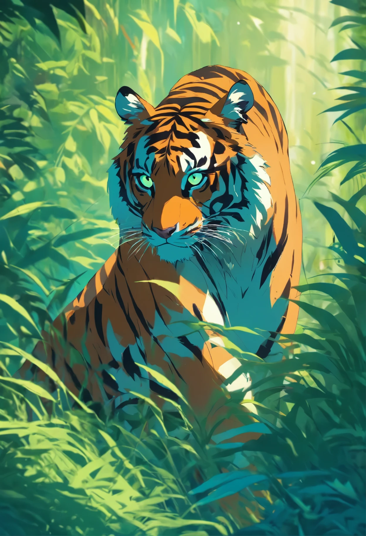 a tiger in the jungle with blue eyes and green grass, ((tiger)), jen bartel, martin ansin, amazing wallpaper, tiger, tiger_beast, by Kilian Eng, highly detailed vector art, a tiger, profile picture 1024px, amoled wallpaper, phone wallpaper hd, style of kilian eng, hd phone wallpaper, mobile wallpaper