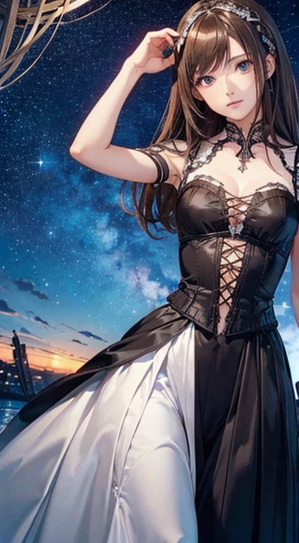 (1 girl:1.3), cinematic light, alone, chest, lace up bodice dress,  silky long hair, (Brown) hair, (masterpiece, highest quality, highest quality, official art, beautiful and aesthetic:1.3), very detailed,most detailed,(Super detailed),((very delicate and beautiful)),starry sky,from below