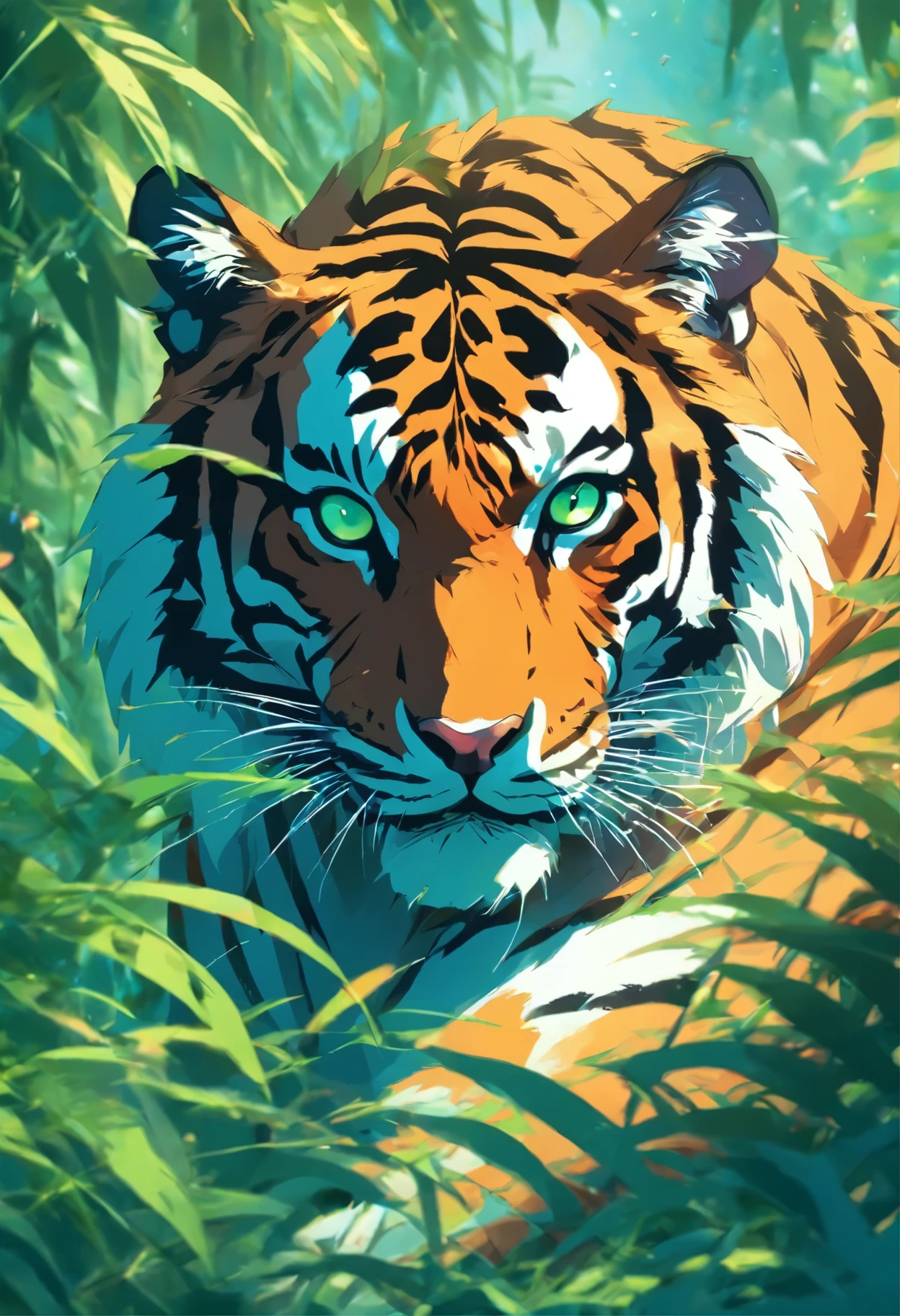 a tiger in the jungle with blue eyes and green grass, vector art by Kilian Eng, trending on cgsociety, sumatraism, ((tiger)), jen bartel, martin ansin, amazing wallpaper, tiger, tiger_beast, highly detailed vector art, profile picture 1024px, a tiger, amoled wallpaper, phone wallpaper hd