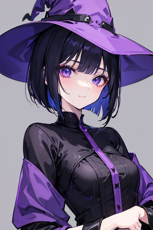 Witch's outfit, Anime-style portrait of a girl with a deep violet bob cut making eye contact with the camera, bright eyes, baby-faced, subtle smile, minimalistic background to emphasize character, high contrast, clean lines, digital painting, vivid colors