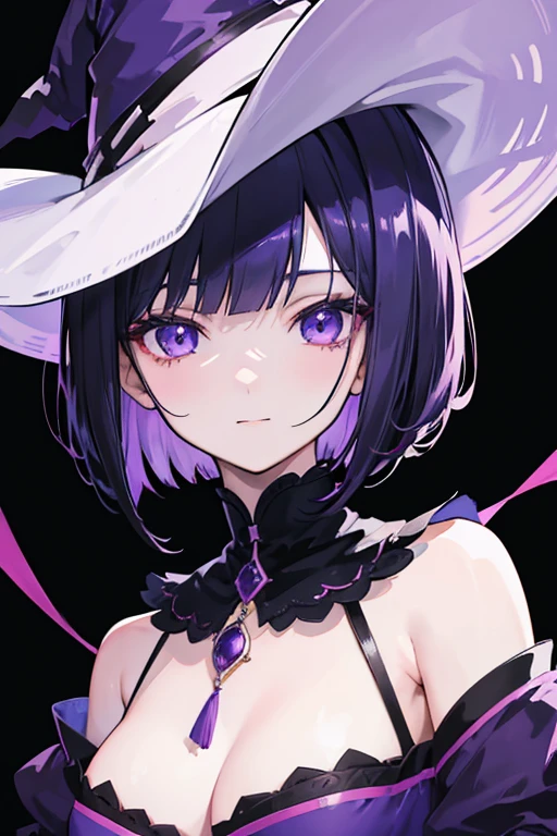Witch's outfit, Anime-style portrait of a girl with a deep violet bob cut making eye contact with the camera, bright eyes, baby-faced, subtle smile, minimalistic background to emphasize character, high contrast, clean lines, digital painting, vivid colors