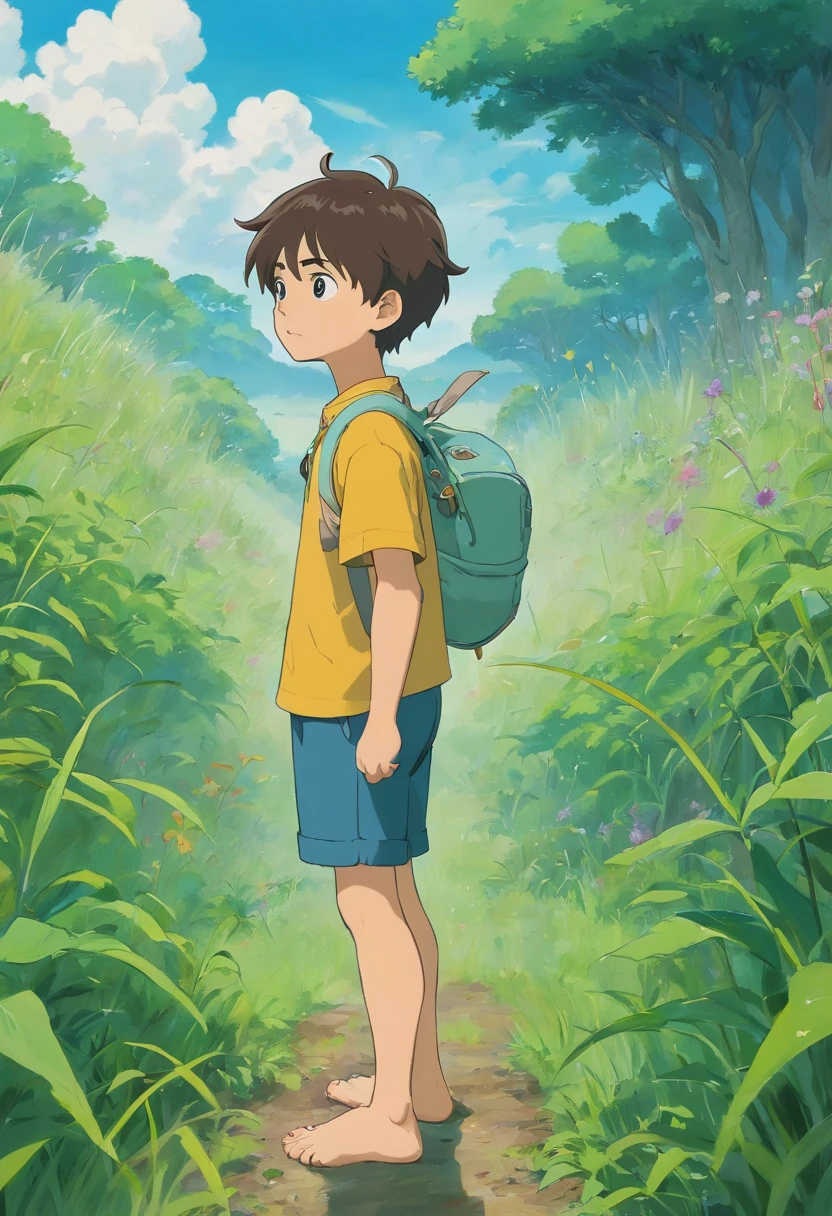 A boy of 10 to 12 years old stands in an overgrown field.., It is raining heavily, lleva un top corto y pantalones cortos, is barefoot, there is a lot of tall grass and several trees in the field, nubes y tormentas en el cielo, aguacero, La lluvia, top corto, top corto, shorts cortos, barefoot boy, pies descalzos,