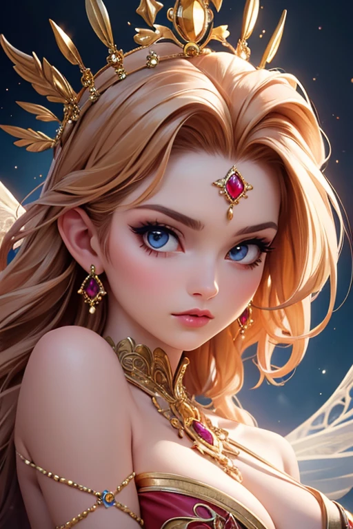((best quality)), ((masterpiece)), (detailed), The Goddess of Love, (Behance contest winner:1.2), fantasy art, crown of giant rubies, style of Ross Tran, captivating lighting, 8k resolution, striking facial expression, (elaborate costume details:1.3), vibrant colors, powerful presence, (ethereal glow:1.1)