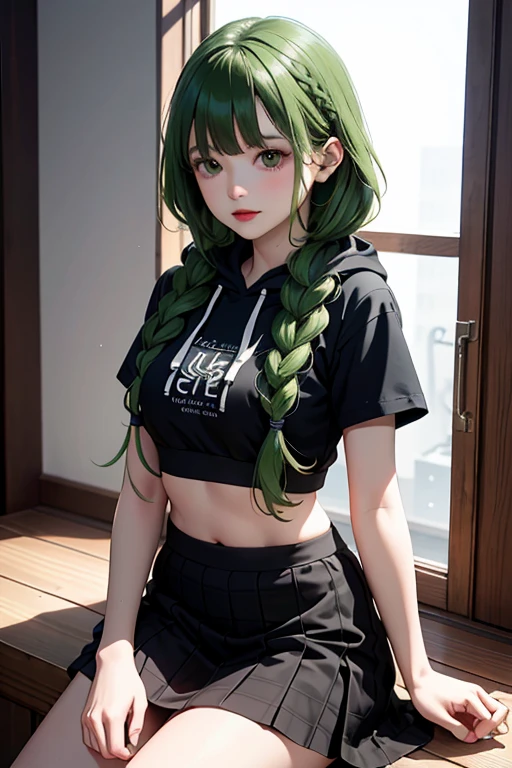 （masterpiece，highest quality），crop top look，Short sleeve hoodie， (Black skirt with gingham check)，green haired, 2 super long thick braids, bangs.