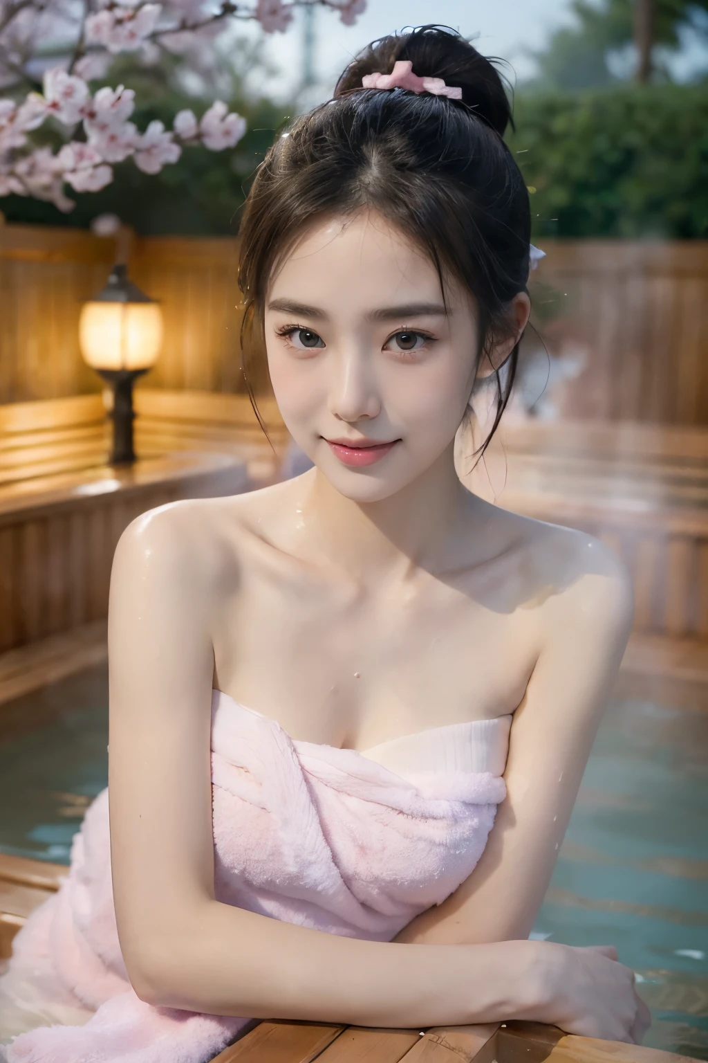 (Extremely meticulous CG),(((8k))),(Portrait above the chest:1.3),wallpaper,((Extremely refined and beautiful)),(((Masterpiece))),(((best qualtiy))),(((Ultra High Resolution))),beautiful light up,Perfect lightning,realistic shaded,(Smooth and flawless fair skin:1.5),Extremely exquisite facial details,(ultra-detailed:1.5),((a beautiful girl)),(bun hair:1.2),(small head:1.2),(slender face:1.2),(Exquisite makeup:1.3),(blush:1.3),(shiny skin:1.5),(happy:1.2),(laughing:1.3),(perfect body:1.1),(small breasts:1.2),(flat chest:1.2),((slim,thin)),(from front:1.3),(close-up of face:1.3),(strapless pink towel-bra:1.5),(Sweat:1.3),(outdoor:1.3),(Japanese Palace:1.2),(bathing in hot onsen:1.5),(in the onsen pool:1.5),hot steam,incredibly ridiculous,incredibly fine illustrations,(In the onsen garden full of sakura:1.5),(early spring:1.3),(night scene:1.5),(surrounded by crowded crowds:1.5)