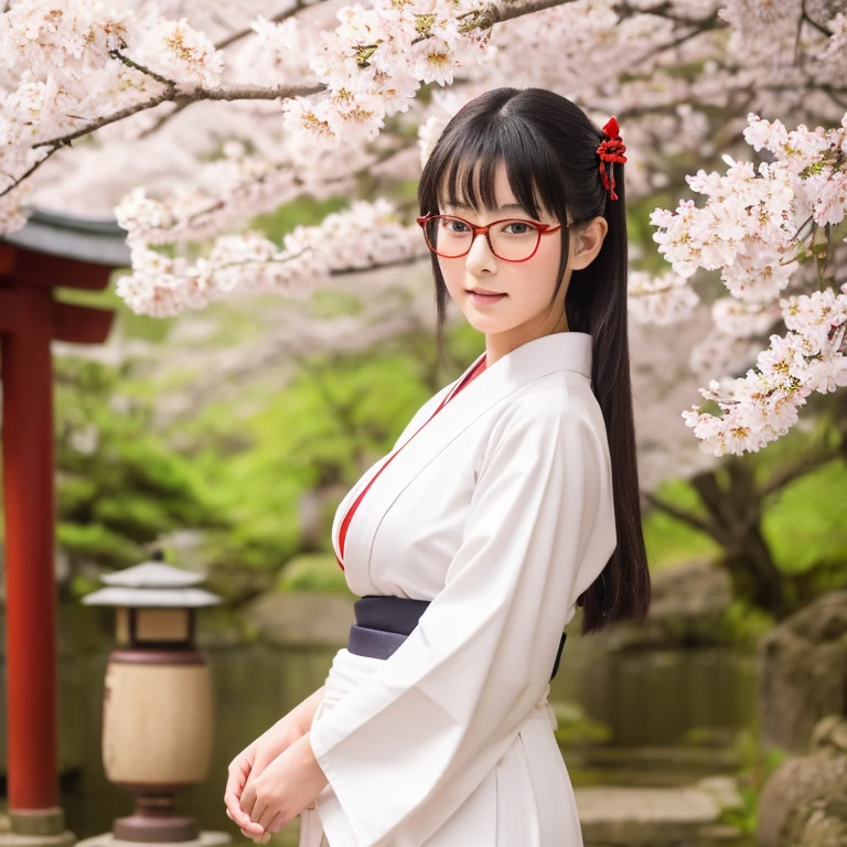 (masterpiece, highest quality, High resolution,8k), Beautiful 15 year old Japanese shrine maiden, Wear glasses, beautiful black hair, Wear glasses, Traditional Japanese shrine maiden costume,(white kimono,red hakama), huge breasts,Peaceful realistic Japanese shrine in a forest with cherry blossoms in full bloom, cowboy shot