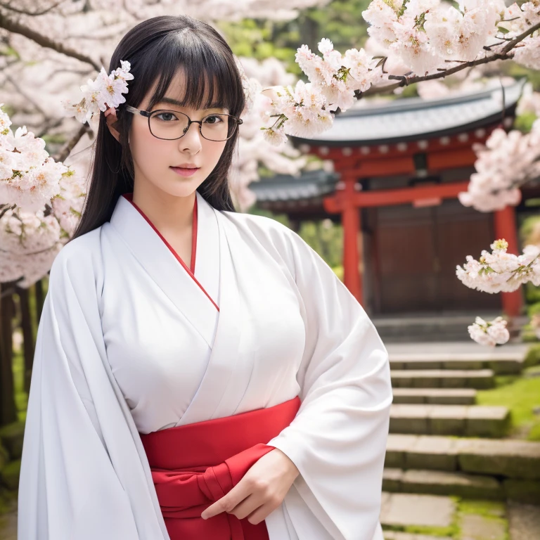 (masterpiece, highest quality, High resolution,8k), Beautiful  Japanese shrine maiden, Wear glasses, beautiful black hair, Wear glasses, Traditional Japanese shrine maiden costume,(white kimono,red hakama), huge breasts,Peaceful realistic Japanese shrine in a forest with cherry blossoms in full bloom, cowboy shot