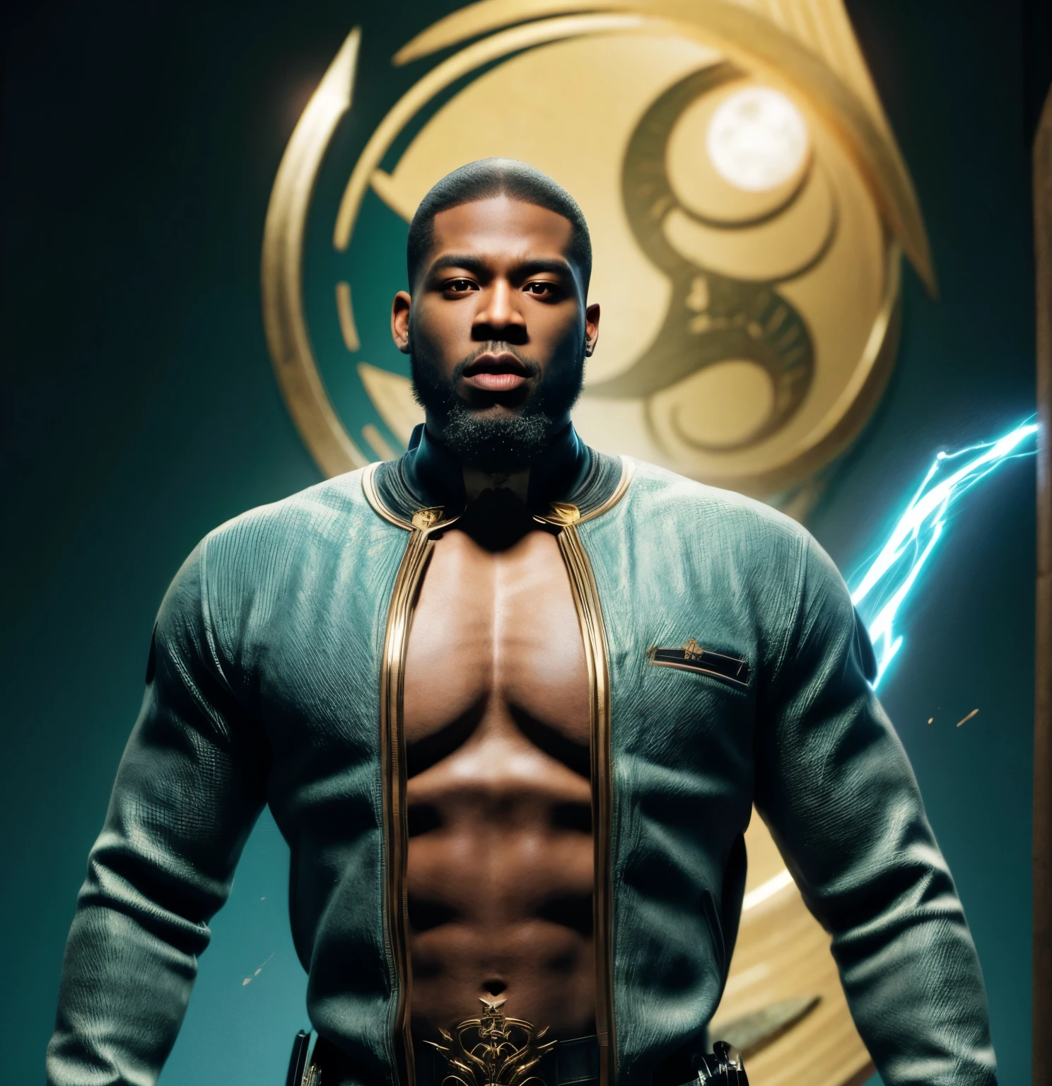 Strong blessed Warrior soul embodiment of peace, love, patience, bravery, courage, compassion, confidence, masculine, cancer sun, zodiac, Sagittarius moon in natal chart, Libra ascendant, man, Deep dark Blue hazey aura flowing around body, black man, brown skin, attractive, muscular, warm radiant essence, divine presence, Godly, Divine, grace, high resolution photo, 4k, 8k, high quality, anime, hetero, straight, dark haircut, Jay Z Style of clothing, 50 Cent energy, Hip Hop, son of Rhea Ripley, genetics, African American, melanin skin, full beard, lightning aura, First name Kristopher
