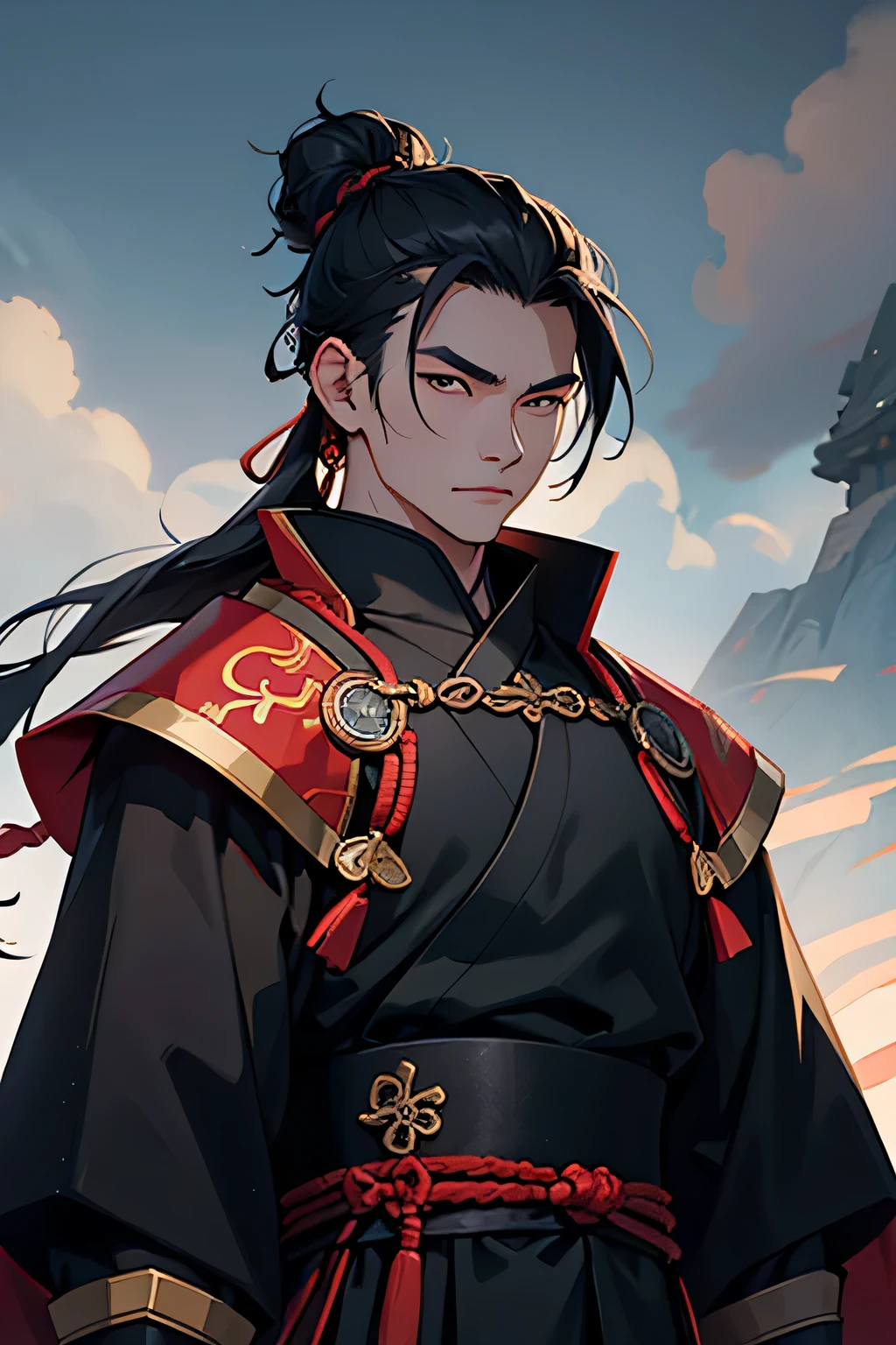 Half body of a chinese general, man, 21 years old, hair is tied in a bun, wearing black hanfu, armor and a black cloak, brave, proud, background is gray cloudy sky