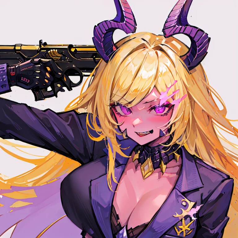 masterpiece, best quality, 8k, (g2h, gun to head, handgun, holding gun, Glock ,suicide, :1.5), cowboy shot, 1girl, bbeth, demon horns, yellow hair, purple eyes, ((business suit)), flaming eyes,crazy glowing eyes,psycho smirk, blood tears,