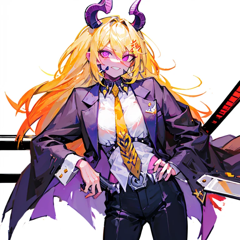 masterpiece, best quality, 8k, (g2h, gun to head, handgun, holding gun, Glock ,suicide, :1.5), cowboy shot, 1girl, bbeth, demon horns, yellow hair, purple eyes, ((business suit)), flaming eyes,crazy glowing eyes,psycho smirk, blood tears,