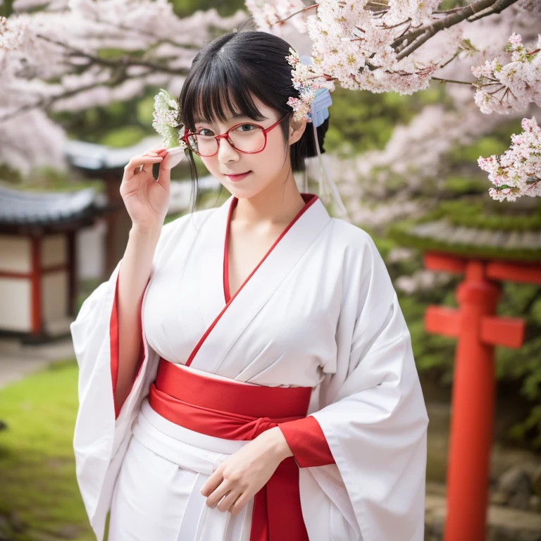 (masterpiece, highest quality, High resolution,8k), Beautiful  old Japanese shrine maiden, Wear glasses, beautiful black hair, Wear glasses, Traditional Japanese shrine maiden costume,(white kimono,red hakama), huge saggy breasts,Peaceful realistic Japanese shrine in a forest with cherry blossoms in full bloom, cowboy shot