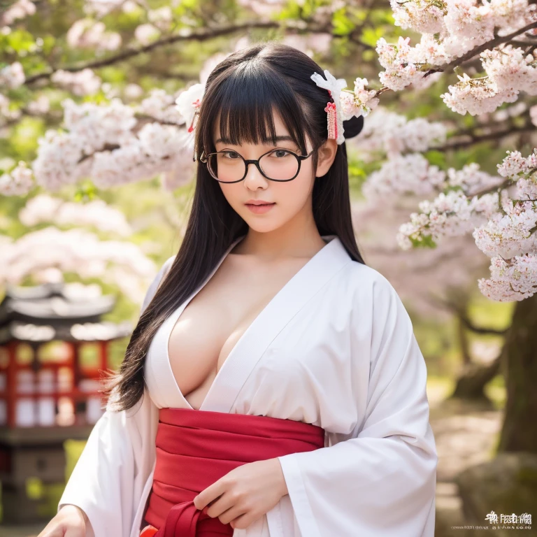 (masterpiece, highest quality, High resolution,8k), Beautiful 15 year old Japanese shrine maiden, Wear glasses, beautiful black hair, Wear glasses, Traditional Japanese shrine maiden costume,(white kimono,red hakama), huge saggy breasts,Peaceful realistic Japanese shrine in a forest with cherry blossoms in full bloom, cowboy shot