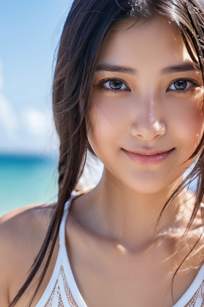 (1 girl:1.3), alone,Shown from head to knees, (((Very detailed face)))), ((very detailed eyes and face)))), Beautiful eyes in every detail, Integrated 8K wallpaper, Super detailed, beautiful and beautiful, Smile, masterpiece, highest quality, original, masterpiece, super detailed photos, highest quality, ultra high resolution, realistic realism, sunlight, amazing beauty, dynamic pose, delicate face, lively eyes, (from the front),((She is wearing a wet swimsuit)), Random color scheme,, Very detailed beaches,hidden big breasts