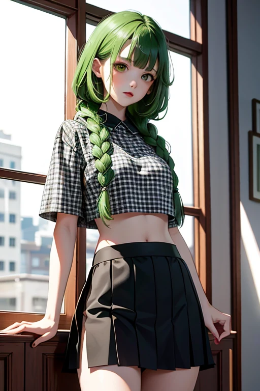 （masterpiece，highest quality），crop top look，Short sleeve hoodie， (Black skirt with gingham check)，green haired, 2 super long thick braids, bangs.