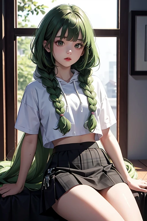 (masterpiece,highest quality),crop top look,Short sleeve hoodie, (Black skirt with gingham check),green haired, 2 super long thick braids, bangs.