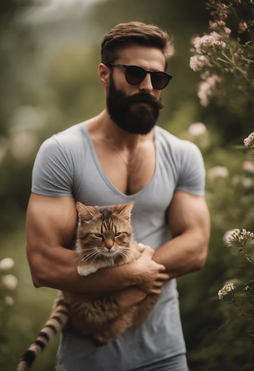 Handsome beard arap guy tall thin shirtless bikini showing armpit hug a cat sunglasses happy nature flowers