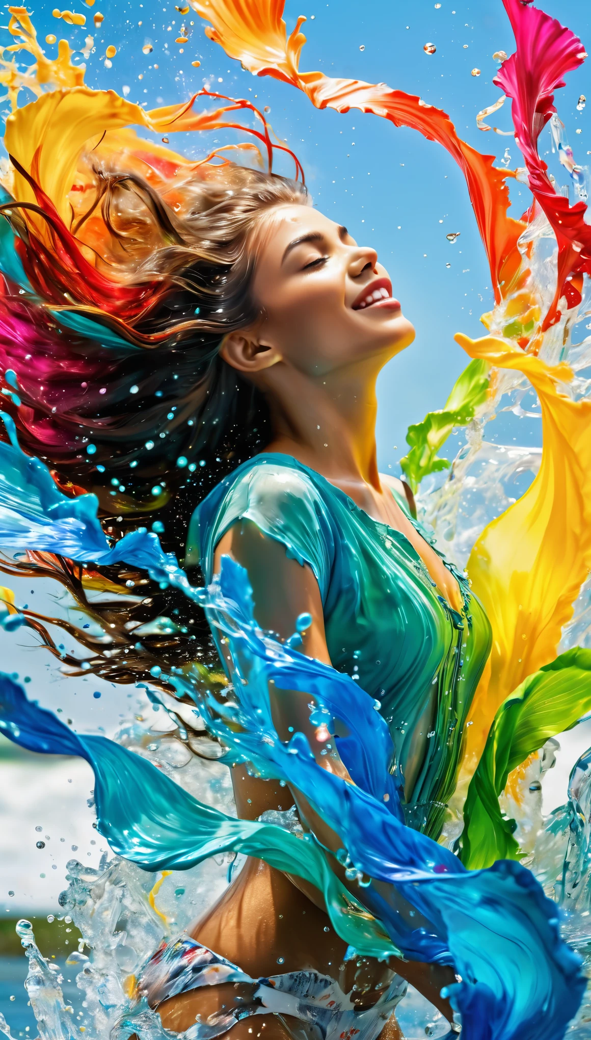 Expresses the flow of ink dancing on the wind,watereffects,colorful water,goddess:govern the arts:Manipulating water:rich hair:sleeoing:perfect face:beautiful:17 years old,splash,Brightly colored,light reflection,rich colors,Abstract,3D,8K,High resolution,masterpiece,high quality,Detailed details,Colors of the rainbow,laugh mischievously,tricky,design,fun,bright colors,splash of water,invite you to the world of art,joy