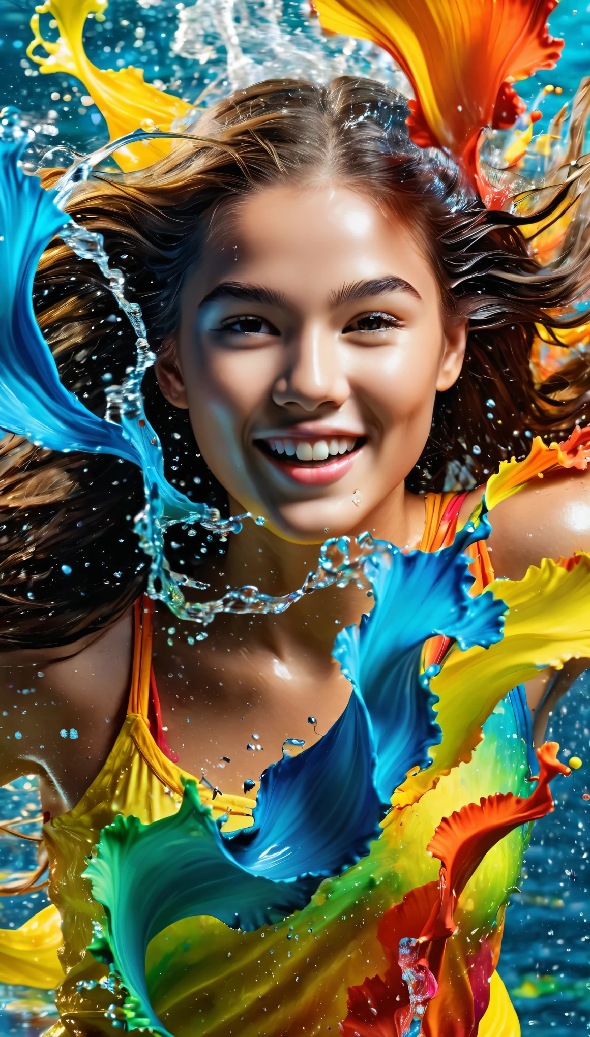 Expresses the flow of ink dancing on the wind,watereffects,colorful water,goddess:govern the arts:Manipulating water:rich hair:sleeoing:perfect face:beautiful:,splash,Brightly colored,light reflection,rich colors,Abstract,3D,8K,High resolution,masterpiece,high quality,Detailed details,Colors of the rainbow,laugh mischievously,tricky,design,fun,bright colors,splash of water,invite you to the world of art,joy