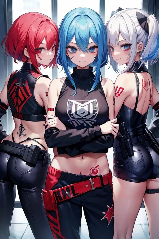 multiplegirl, ((only 3girls)), bandits, gangsters, red hair, white hair, blue hair, tattoos, criminals, intent eyes, evil smile, modern girls