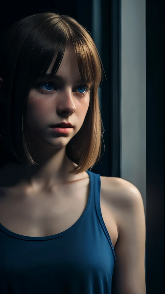 A long silky haired sweden girl, bob cut, bang, blue eyes, , young, pale skin, Ultra high res, uhd, (photorealistic:1.4), doll-like face, in a dark room dramatic lighting, crying, wearing tank top, torso shot