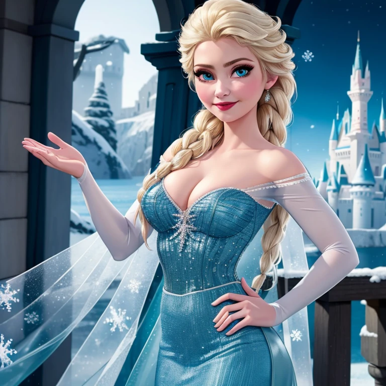 (masterpiece, best quality:1.2), Elsa, 1girl, solo, looking at viewer, blue dress, from frozen, cleavage, long white hair, blue skirt, blue eyes, sexy smirk, frozen castle,